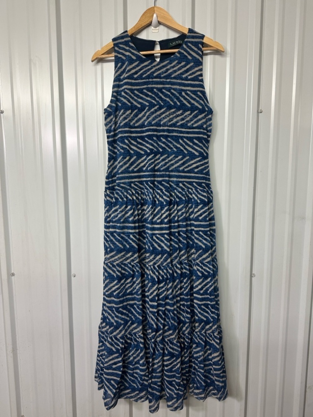 Lauren Ralph Lauren Geometric Print Maxi Dress Drop Waist Ruffle Tier Boho Chic